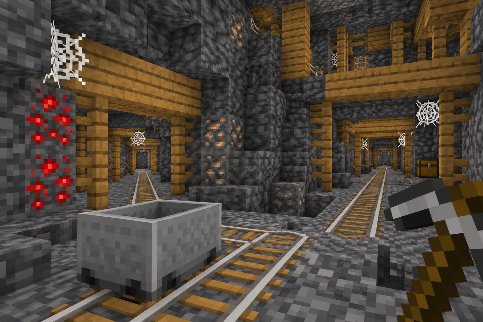 Minecraft-inspired Fullbright Mod mineshaft with rails, visible ores and clear underground paths